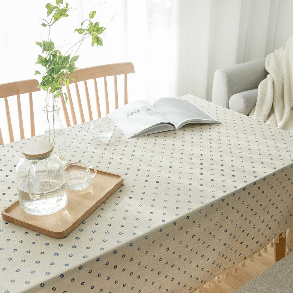 Rectangular Tablecloth 140x160cm Blue Daisy Print Polyester Cotton with Fringe - Picture 30 of 31