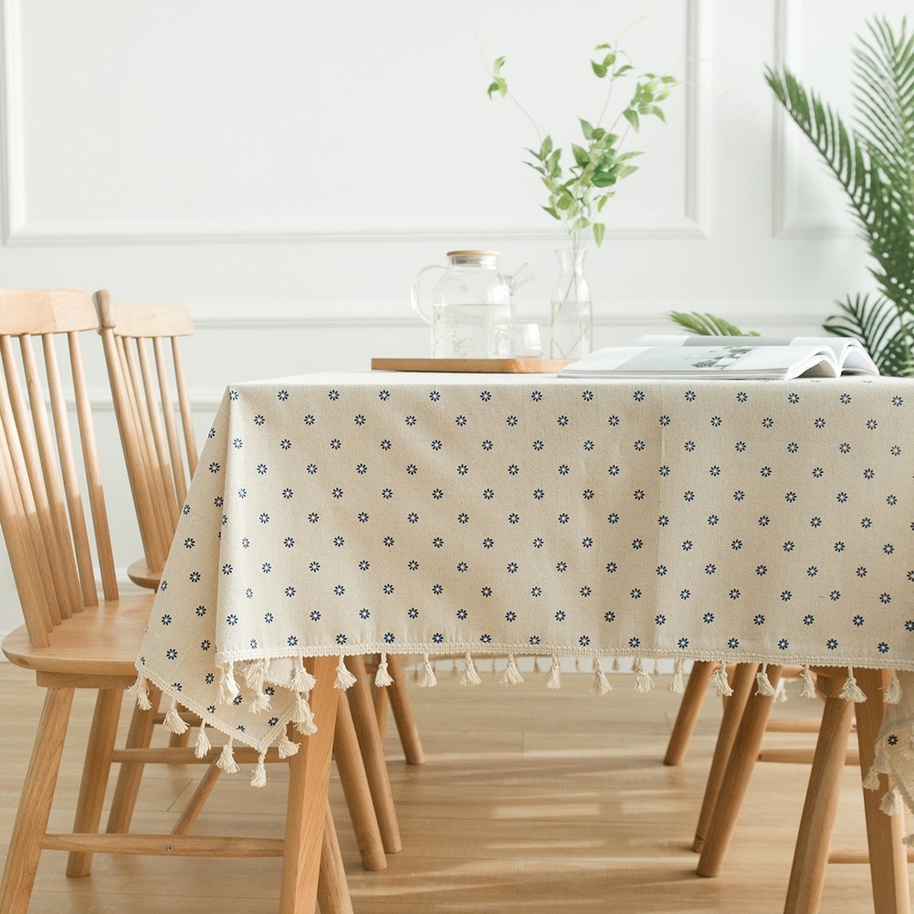 Rectangular Tablecloth 140x160cm Blue Daisy Print Polyester Cotton with Fringe - Picture 23 of 31