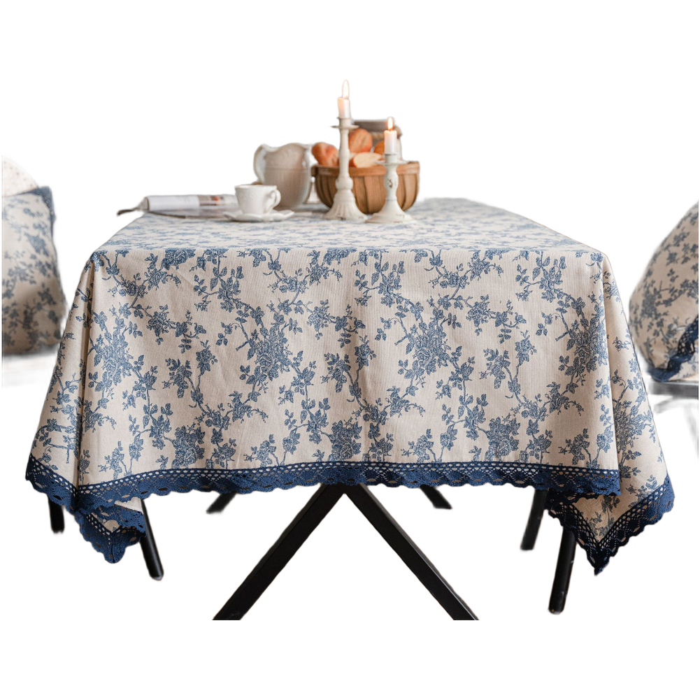 Rectangular Tablecloth 140x160cm Blue Daisy Print Polyester Cotton with Fringe - Picture 18 of 31