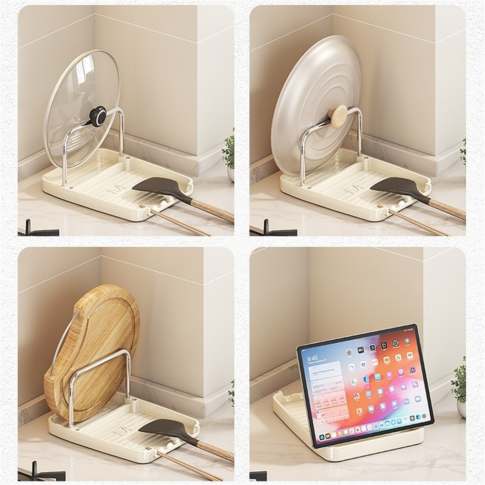 Sturdy Pot Lid Organizer for Kitchen with Spoon Rest and Utensil Storage