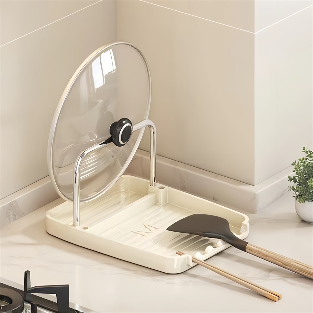 Sturdy Pot Lid Organizer for Kitchen with Spoon Rest and Utensil Storage