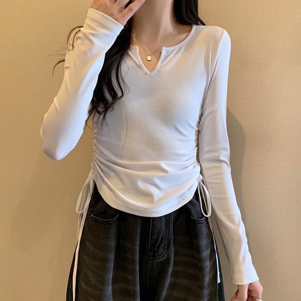 Women Casual Solid Color Long Sleeve Shirt V Neck Pleated for Daily Wear