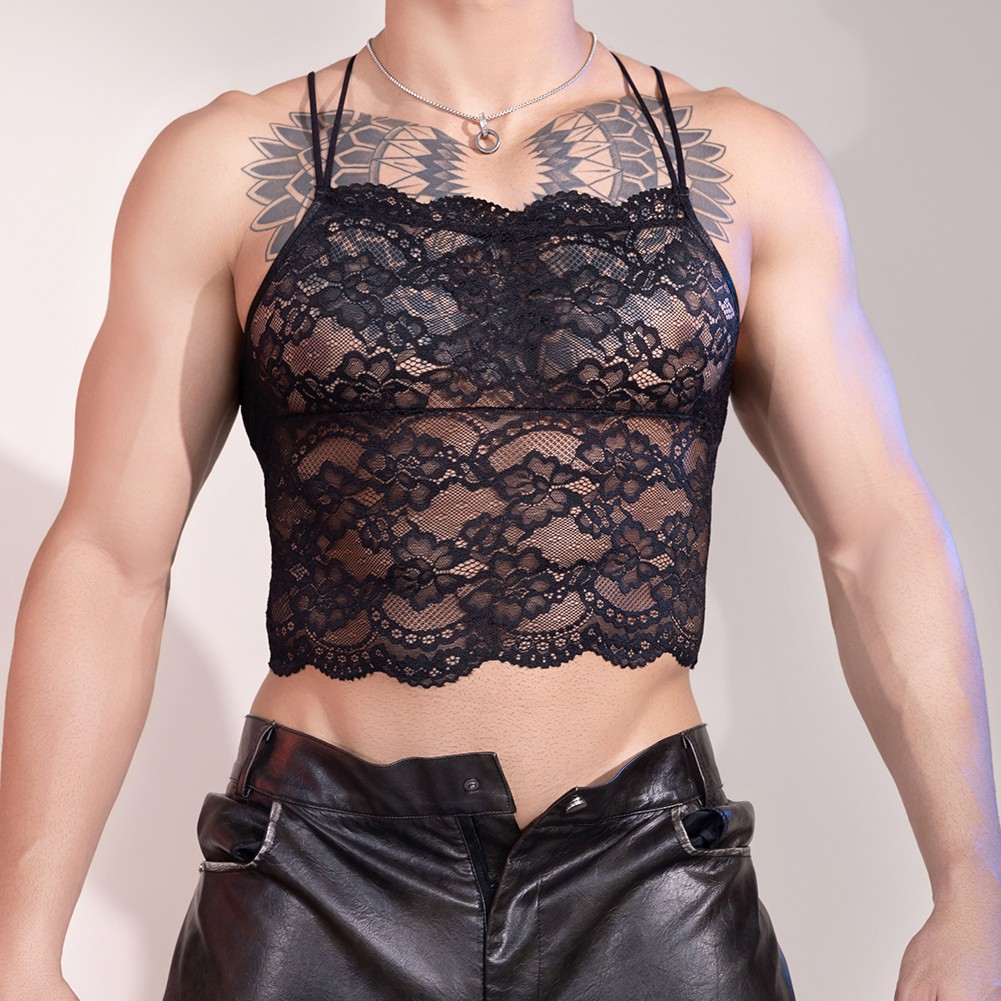Mens Lace Floral Mesh Tank Top Sleeveless Transparent Elastic Vest Nightwear