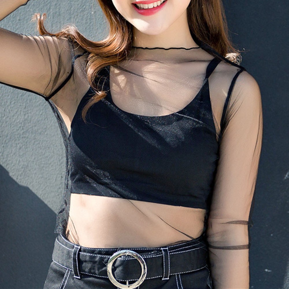 Female Fashion Mesh Lace Collar Short Shirt Casual Top for Club and Home