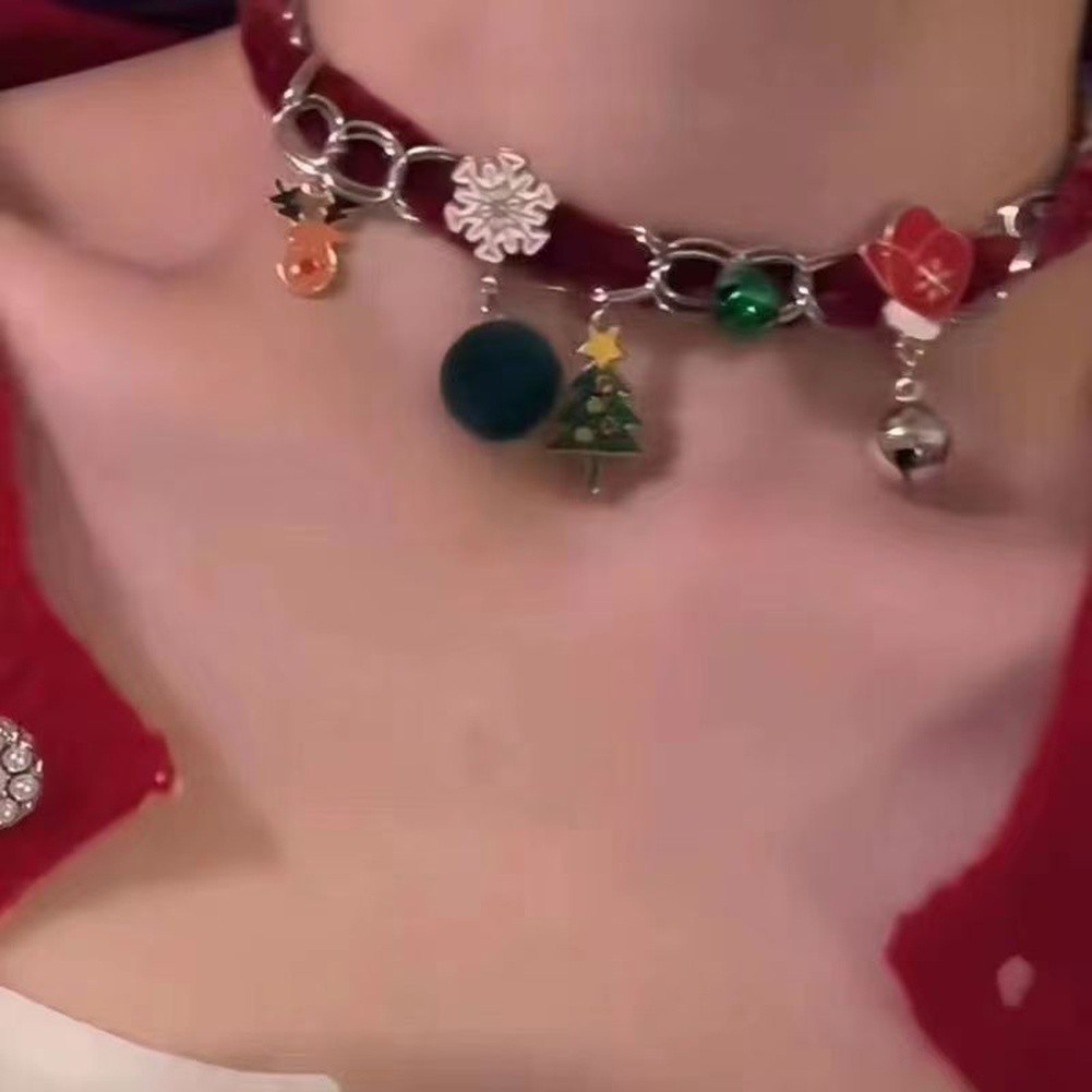 Women Christmas Tree Pendant Necklace Velvet Double Layer with Snowflake Accent - Picture 15 of 21