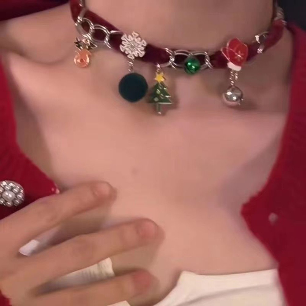 Women Christmas Tree Pendant Necklace Velvet Double Layer with Snowflake Accent - Picture 14 of 21