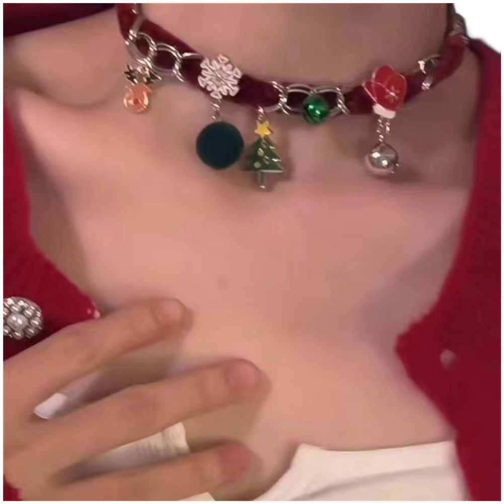 Women Christmas Tree Pendant Necklace Velvet Double Layer with Snowflake Accent - Picture 13 of 21