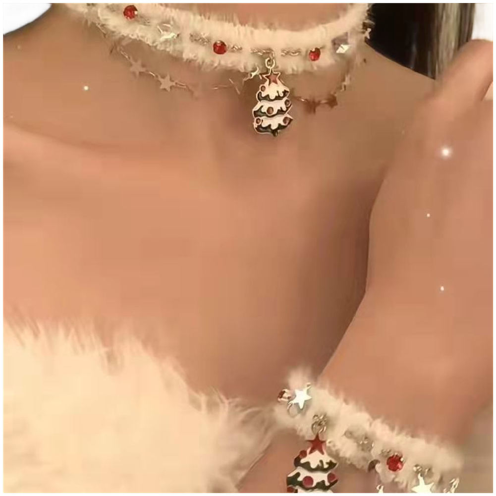 Women Christmas Tree Pendant Necklace Velvet Double Layer with Snowflake Accent - Picture 16 of 21