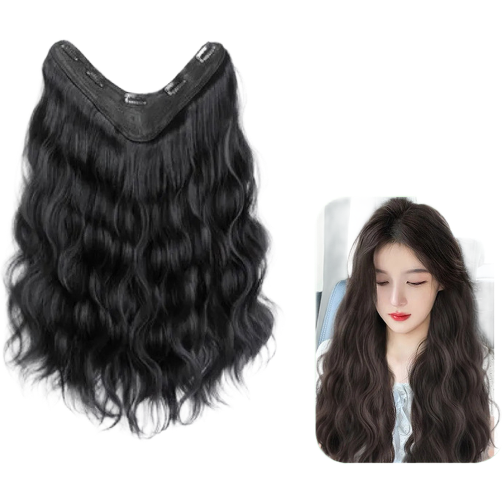 Natural Black Brown V Shaped Water Wave Hair Extensions 45 50 60cm Clip In