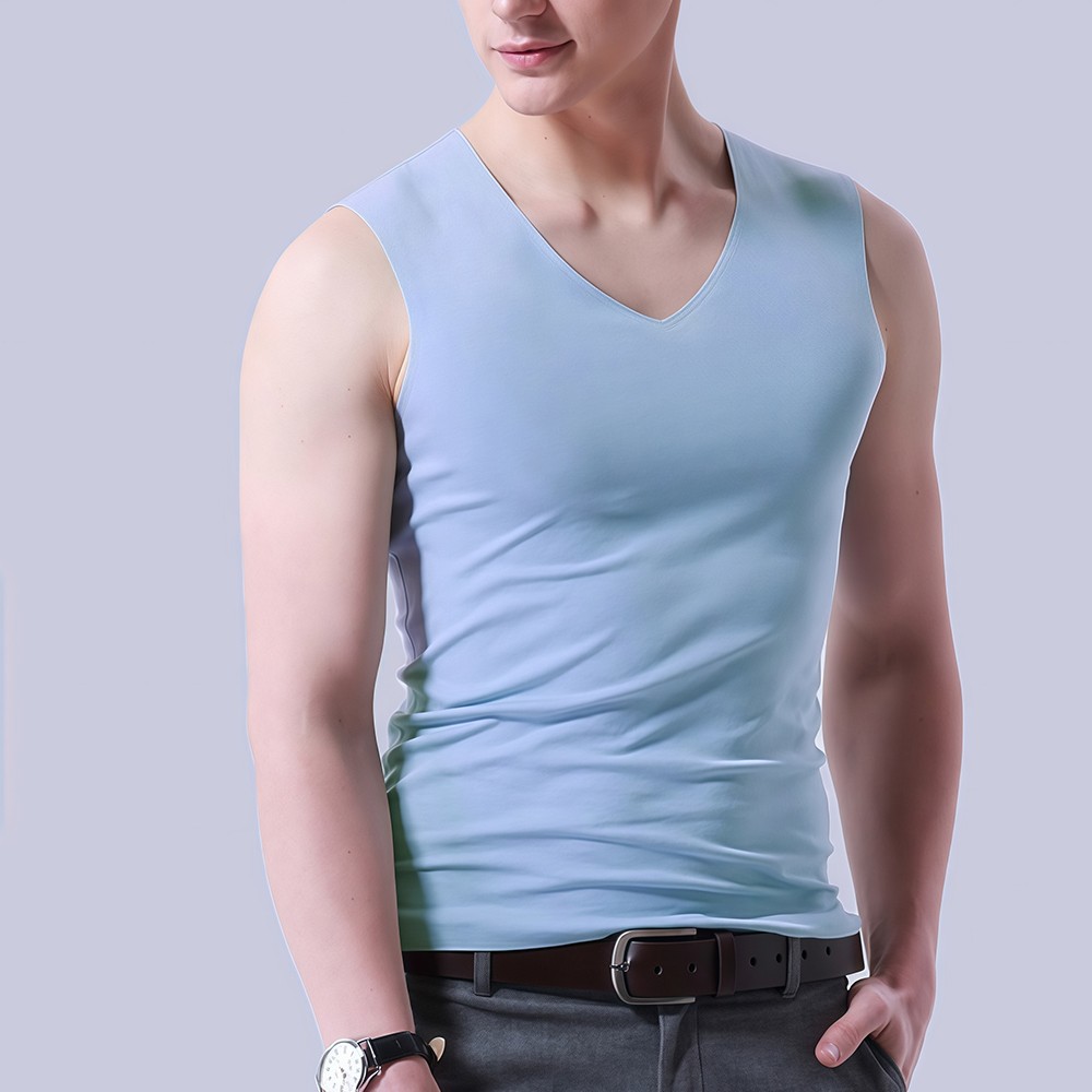 Mens Sleeveless Solid Color Vest Casual Ice Silk Fashion Vneck for Warm Seasons - Picture 7 of 10