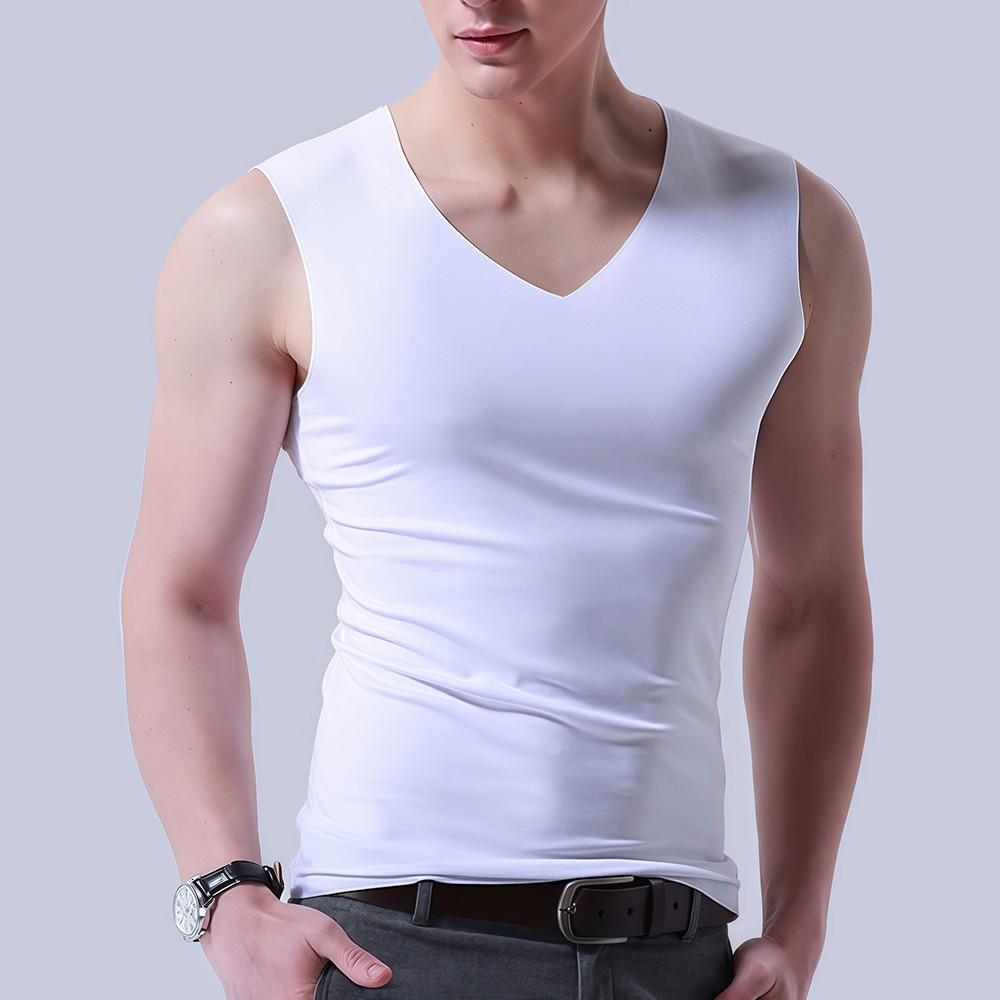 Mens Sleeveless Solid Color Vest Casual Ice Silk Fashion Vneck for Warm Seasons - Picture 5 of 10
