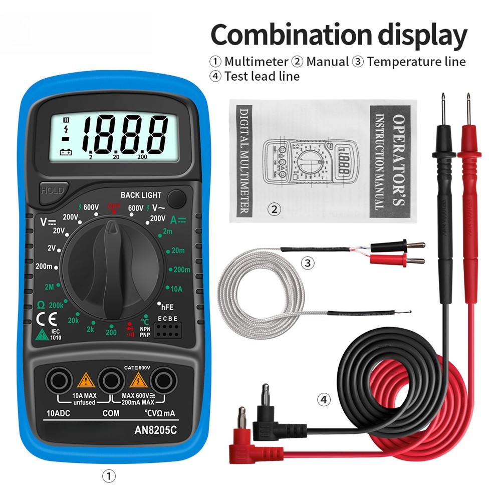 AN8205C Multimeter with Backlight for Voltage Current Resistance Diode Testing