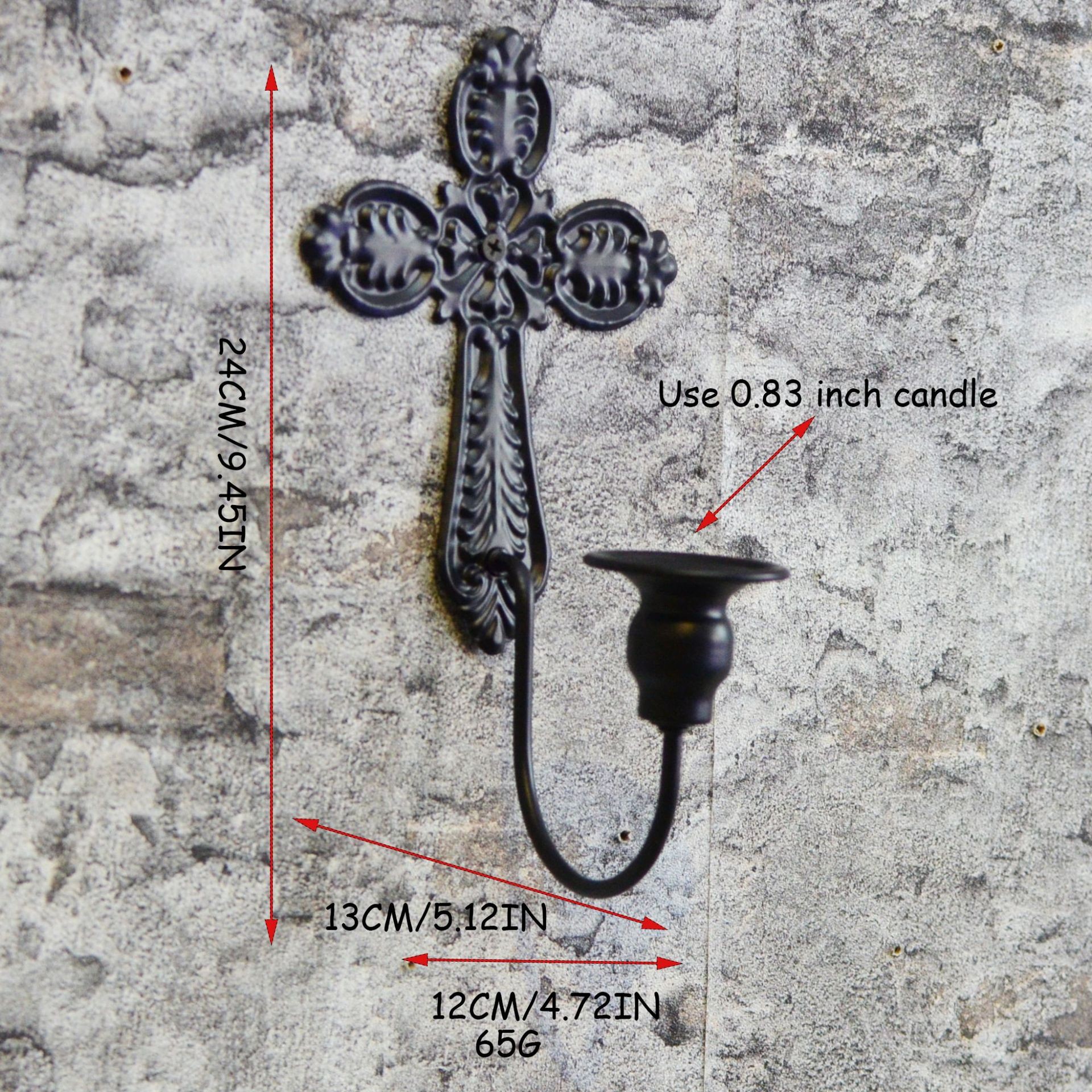 Wall Hanging Black Iron Cross Candlestick Holder for Easter or Church Use