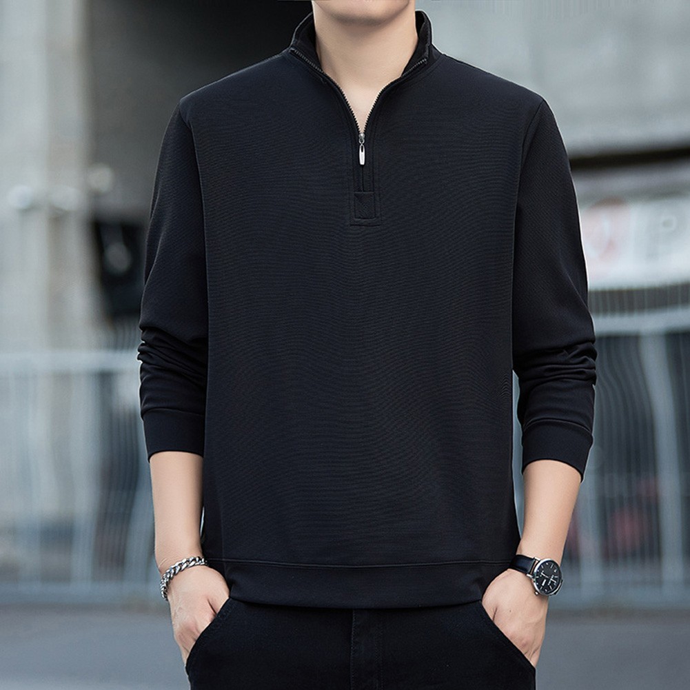 Mens Long Sleeve Hoodie Pullover Zip Neck Solid Color Casual Tops for Winter