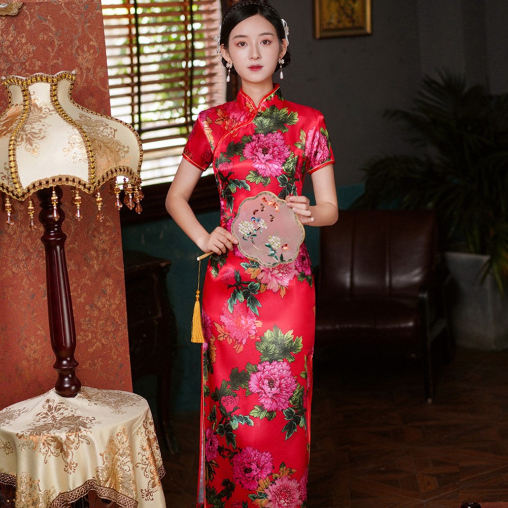 Chinese Style Qipao Dress Women Retro Peony Print Short Sleeve Casual Wear