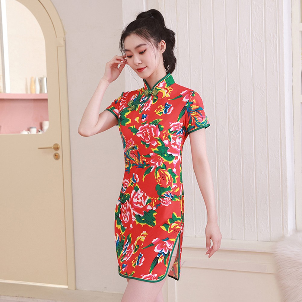 Chinese Style Women Dress Floral Print Short Sleeve Qipao Short Cheongsam
