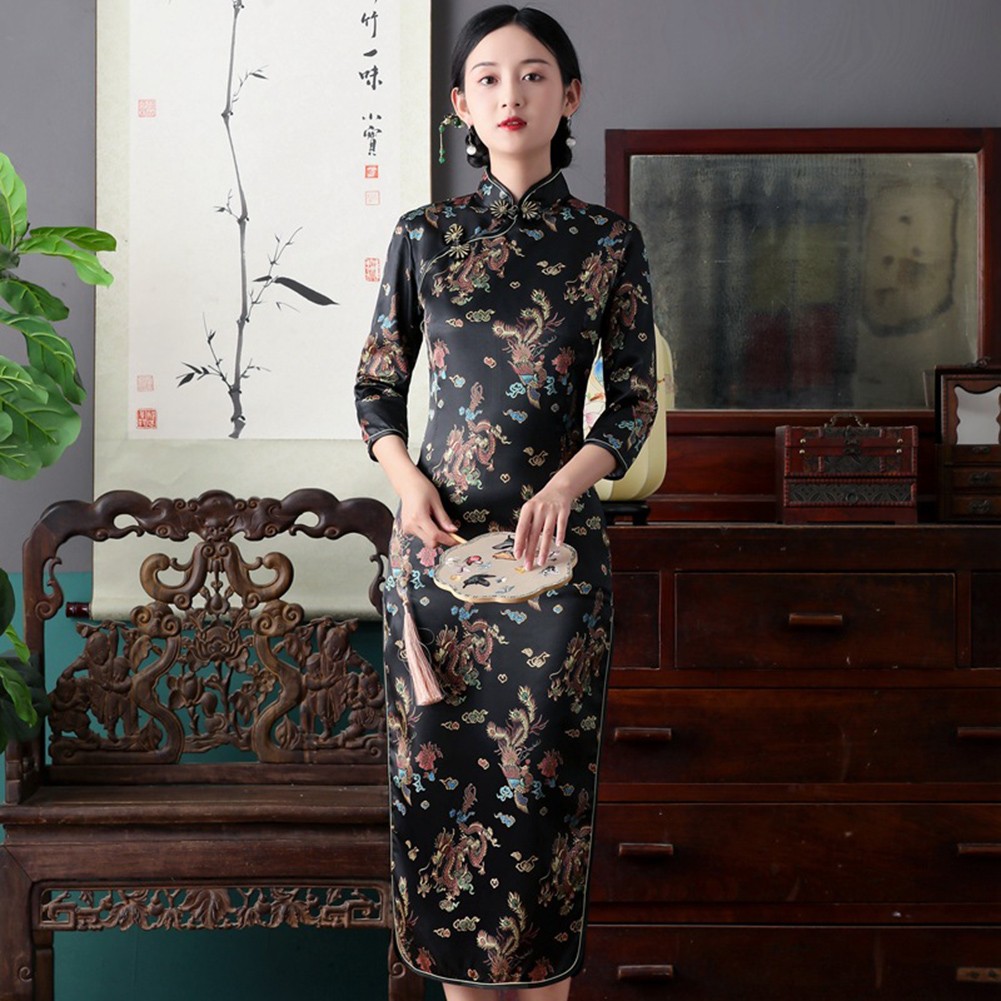 Long Sleeve Cheongsam Dress for Women with Side Fork Chinese Qipao Style