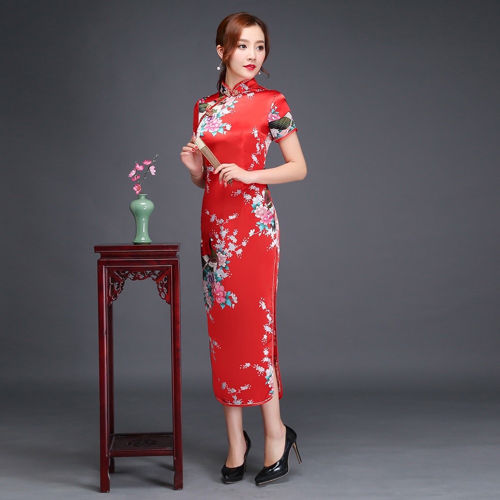 Chinese Style Long Cheongsam Dress for Women Peacock Print and Mandarin Collar