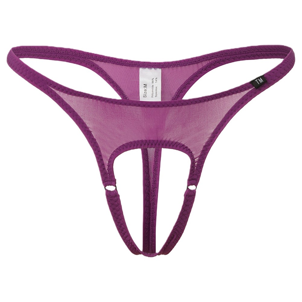 Men Thongs Underwear High Elastic Front Open Pouch G String Low Rise Purple