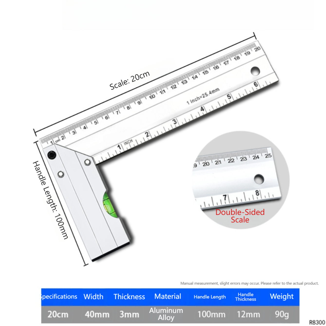 20cm 50cm Right Angle Ruler with Precision Level Bubble for DIY Home Renovation