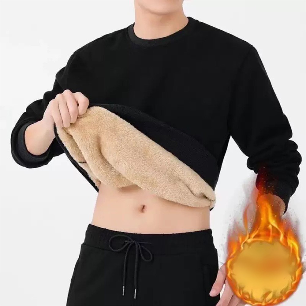 Mens Thick Warm Lambswool Fleece Sweater Round Neck Pullover for Casual Holiday