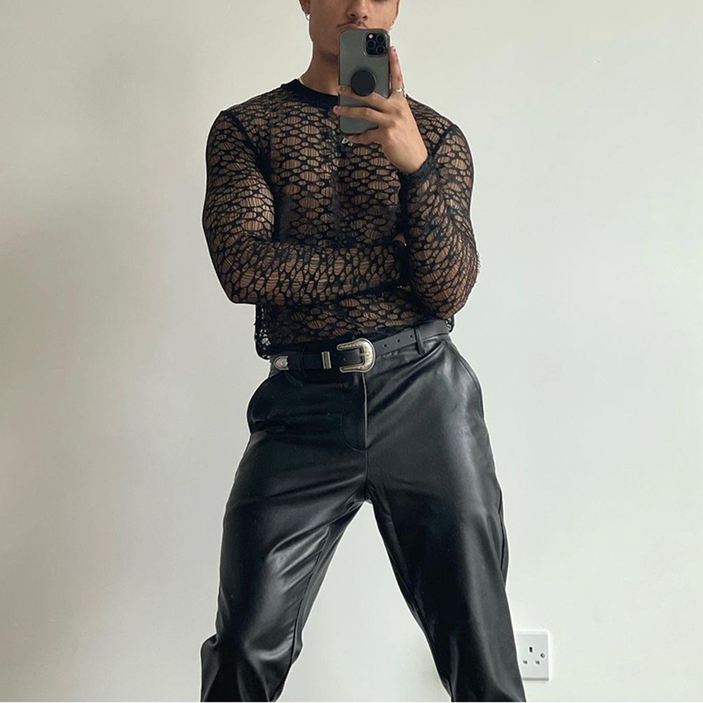 For Layering Men Mesh Tee Hollow Out Top For Daily Wear Mesh Fabric Hollow Out