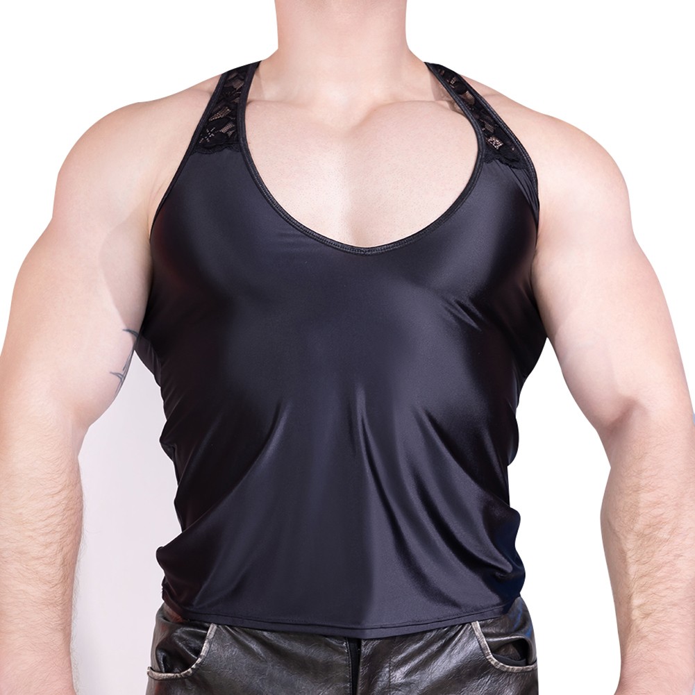 Male Gymwear Mens Shiny Tank Gym Sleeveless Top Sleeveless Regular Length