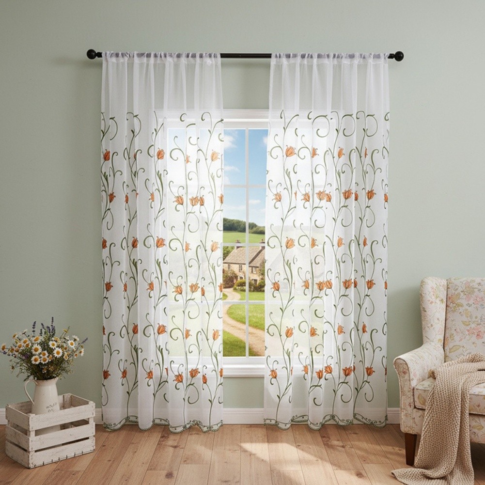 Floral Embroidery Sheer Curtains for Living Room Bedroom Balcony 100x220cm