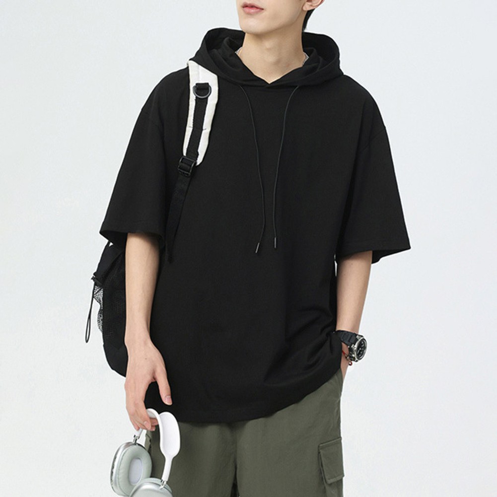 Men Casual Hooded Short Sleeve T Shirt Loose Fit Top Sweatshirt Daily Wear