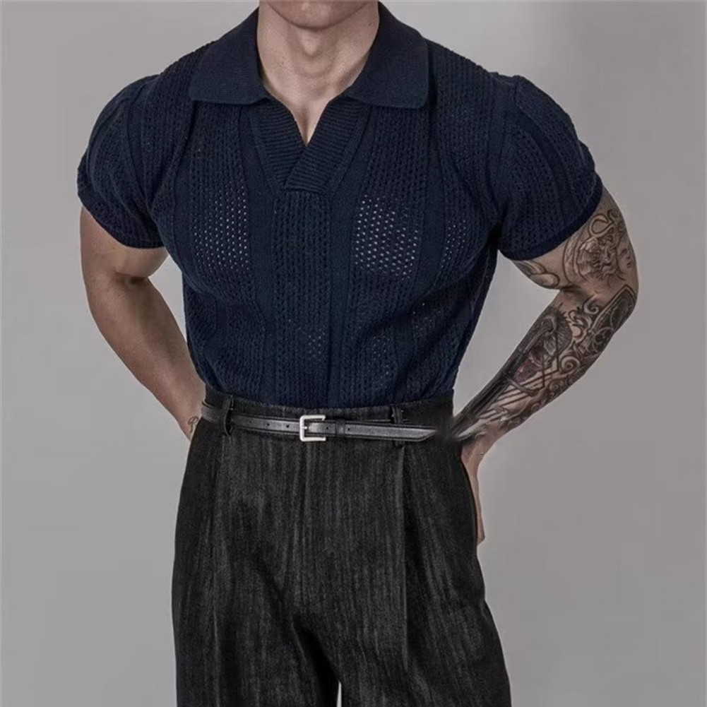 Men Hollow Lapel T Shirt Knitted Texture Fabric Korean Style for Daily Outings