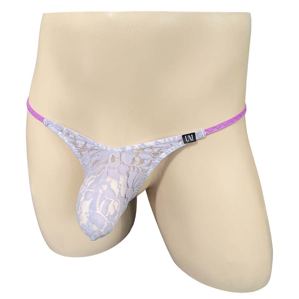 Men Sheer Lace Thong Underwear Low Rise G String with Bulge Pouch Briefs