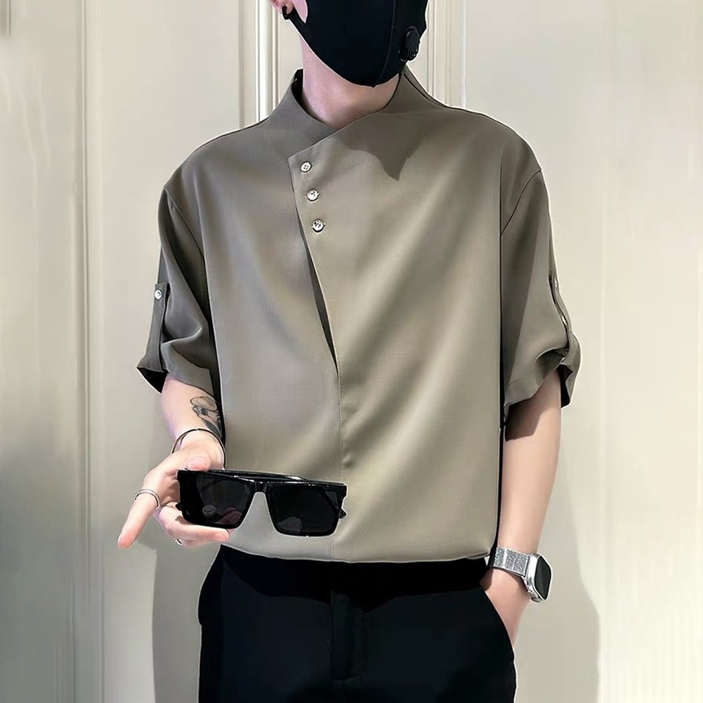 Men’s T Shirt Half Sleeve Irregular for stand Collar Casual Solid Color Spring