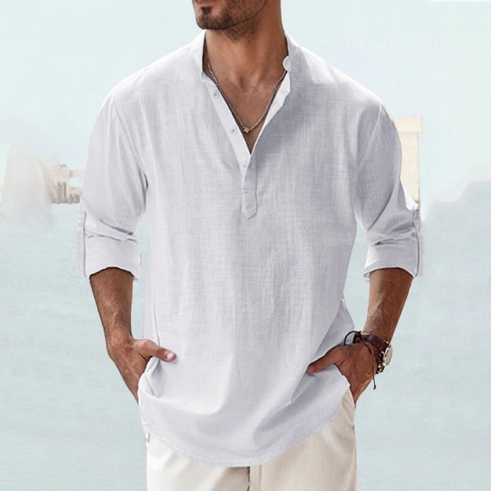 Long Sleeve Stand Collar Top for Men Cotton Linen Blend 80% Cotton 20% Spandex