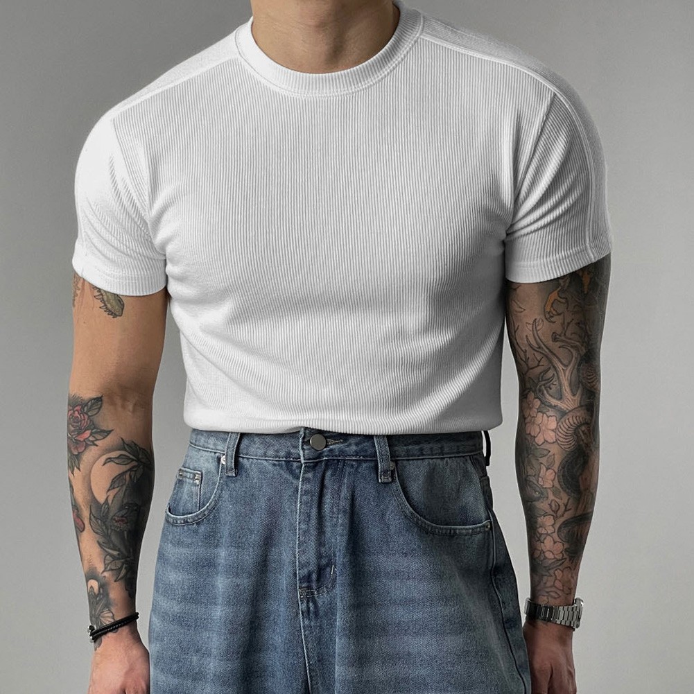 Men’s Athletic Ribbed T-Shirt Short Sleeve Small High Collar Training Wear