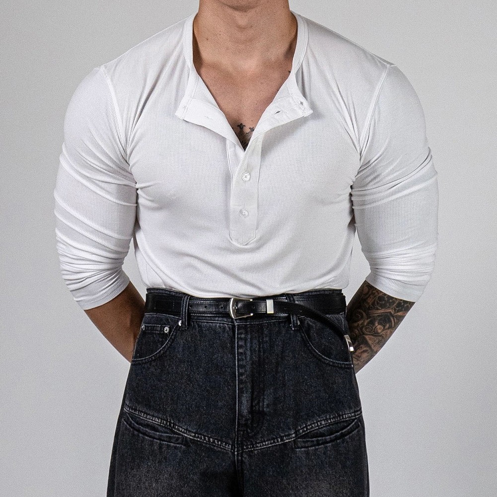 Ribbed Stretch Long Sleeve V Neck Athletic Top for Men Training Casual Wear