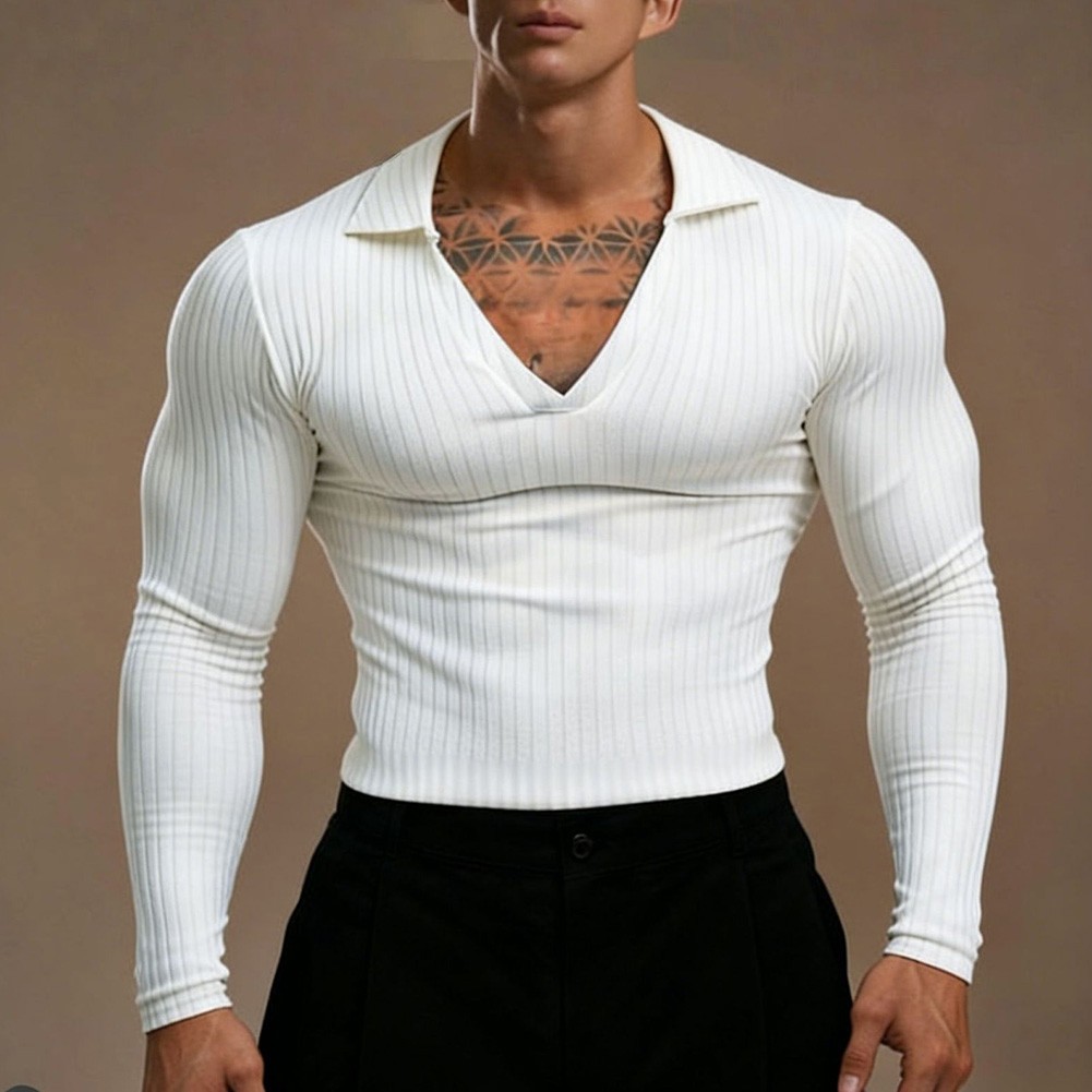 Men’s Athletic Pullover Top with V Neck Long Sleeves and Bold Stripe Design