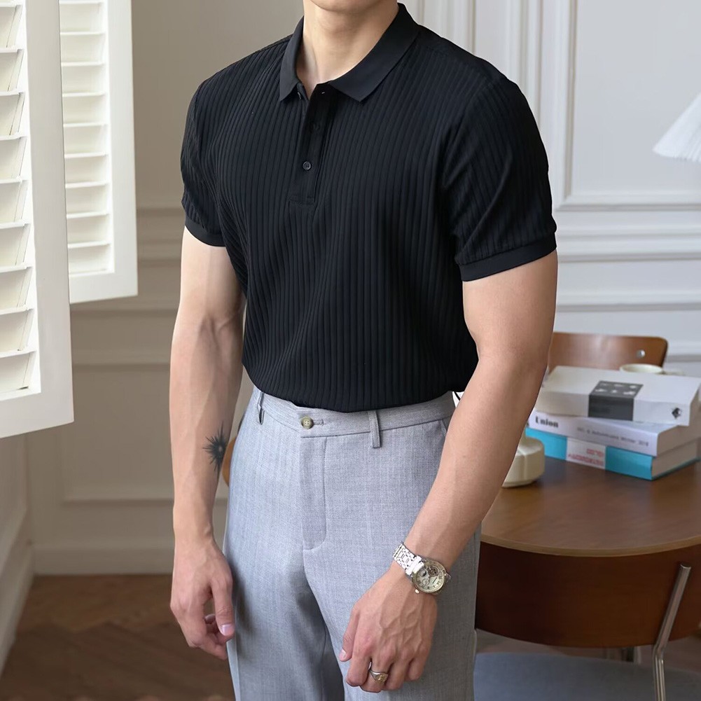 Men’s Korean Styled Casual Shirt Short Sleeve Lapel Striped Solid Options