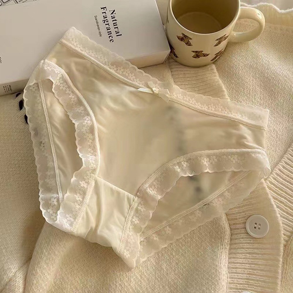 Mid Waist Lace Briefs Ice Silk Fabric for Women Polyester Underwear Regular
