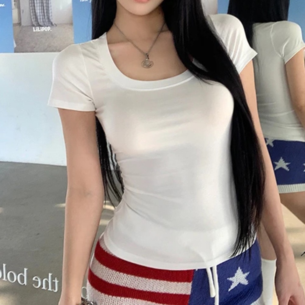 U Neck for Slim Fit Short Sleeve T-Shirt for Women Korean Style Solid Color Top
