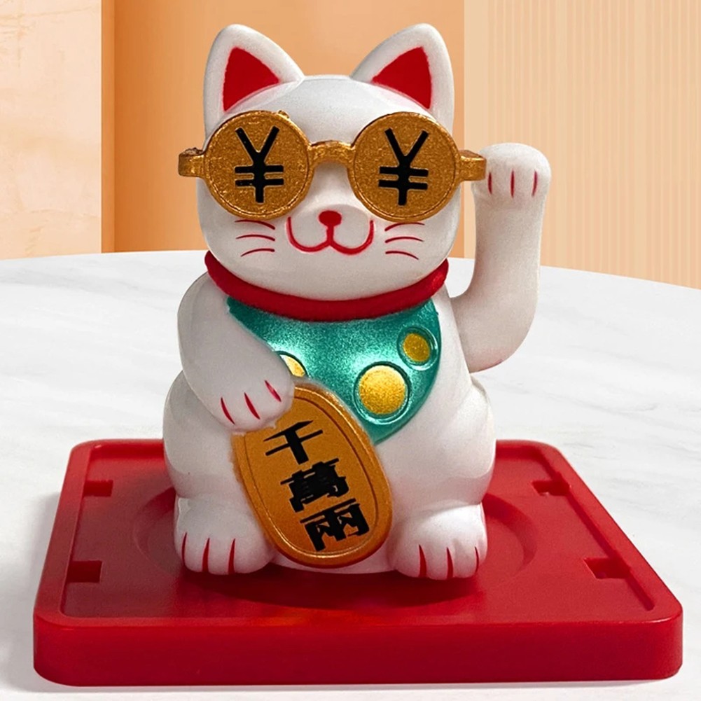 Solar Driven Waving Lucky Cat Decoration for Office Desk Car Interior Space