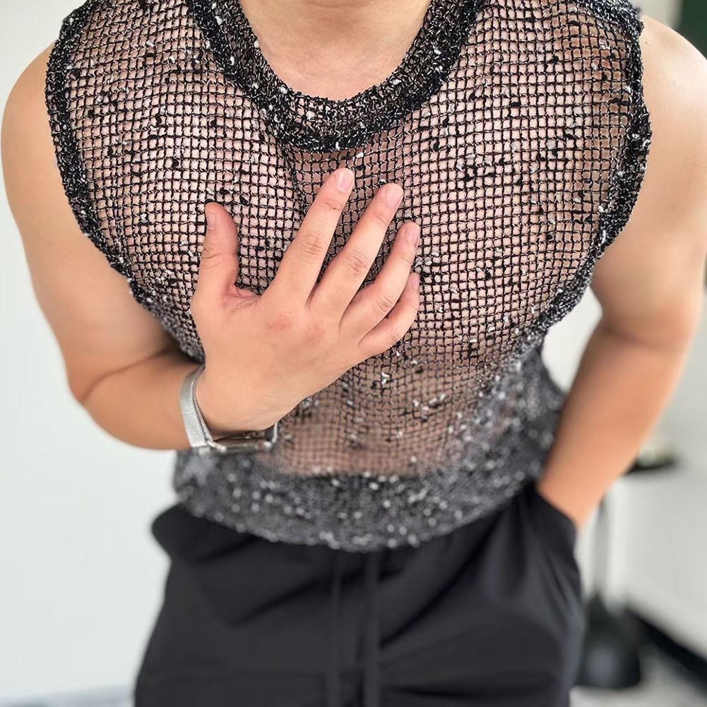 Men’s Fishnet Hollow Vest Sleeveless Shiny Mesh Tank Top for Club Party Daily