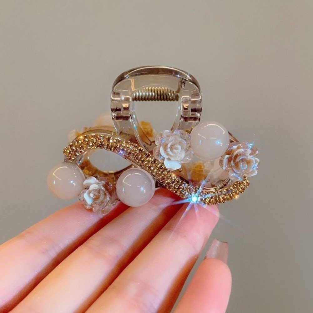 Korean Style Flower Pearl Hair Claw Clip for Women Medium 6cm Rose Red Tea