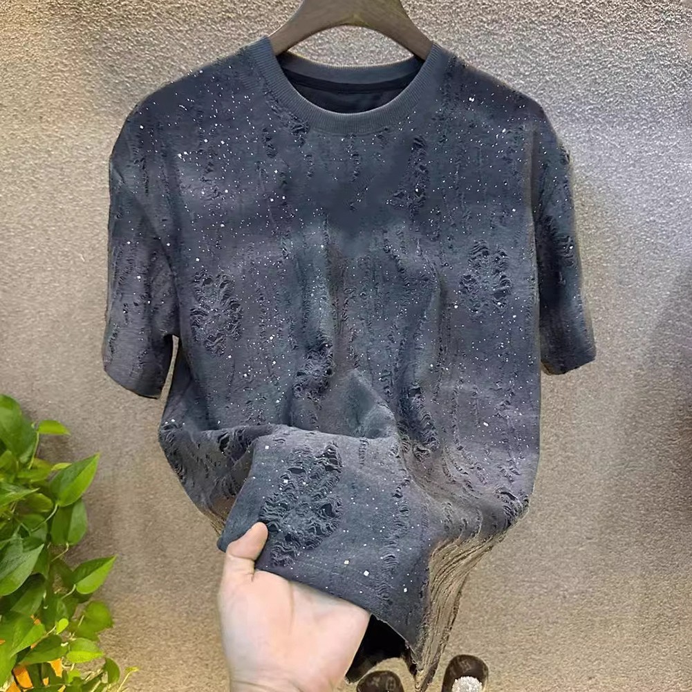 Men’s Rhinestone Decorated T-Shirt Round Neck Casual Short Sleeve Polyester