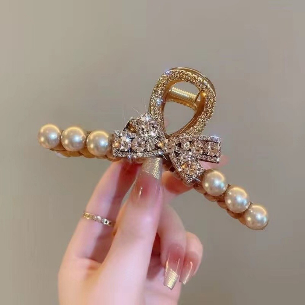 Plastic Resin Gold Korean Pearl Bow Hair Clip for Women Hair Accessory