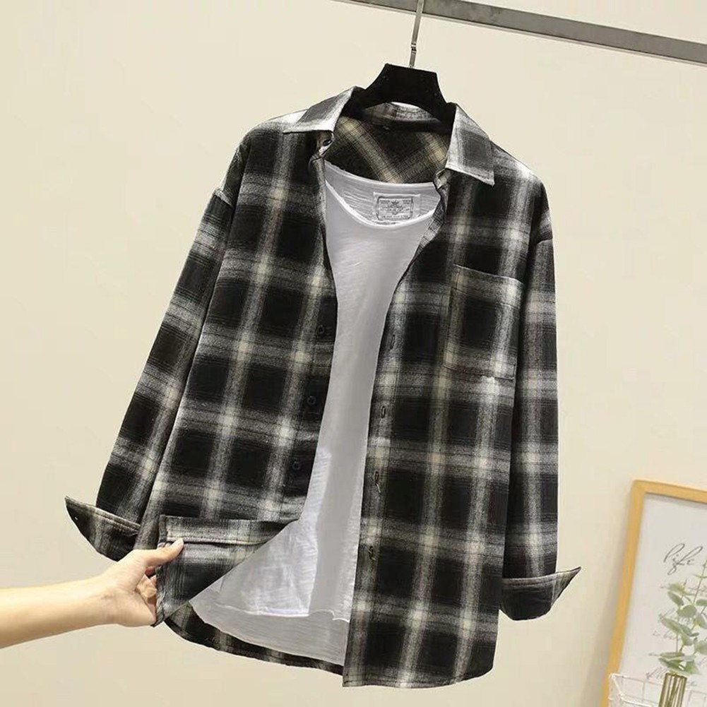 Men Casual Plaid Shirt Korean Fashion Long Sleeve Lapel Collar for Daily Use