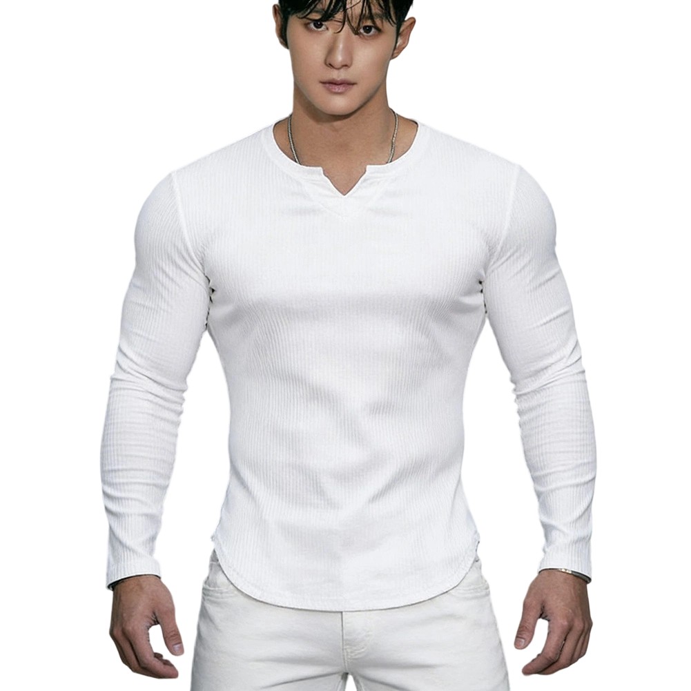 V Neck Long Sleeve Elastic Tee Top for Men Polyester Spandex Workout Streetwear