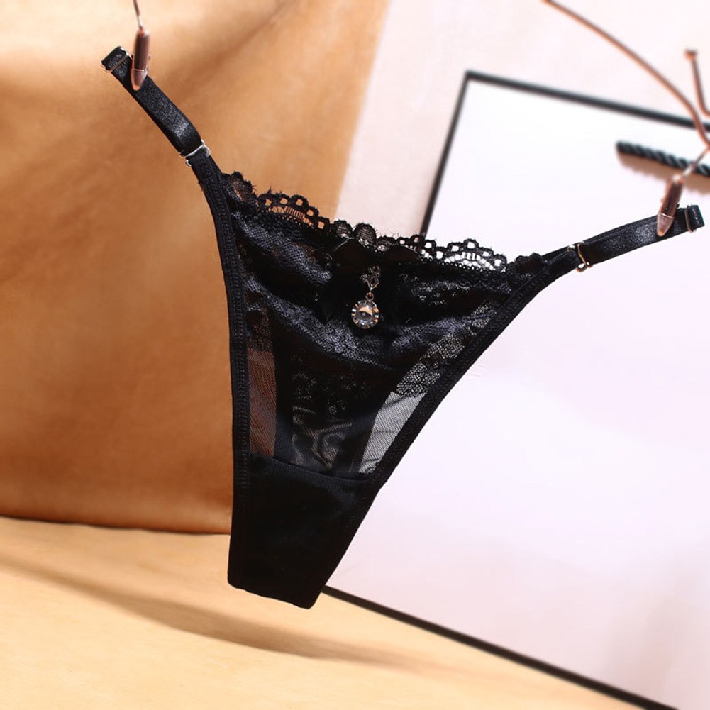 Women Rhinestone Lace Thong Panties 85% Nylon 15% Spandex Low Waist Fit