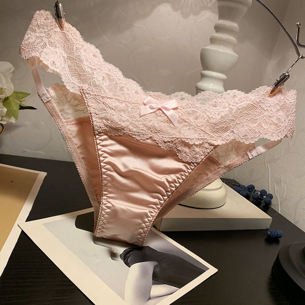 Ice Silk Seamless Cotton Crotch Briefs Women’s Low Waist Satin Lace Bow