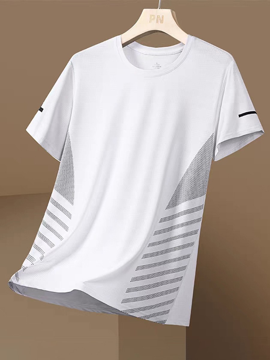 Men’s Ice Silk Mesh T-shirt Round Neck Short Sleeve Moderate Elasticity