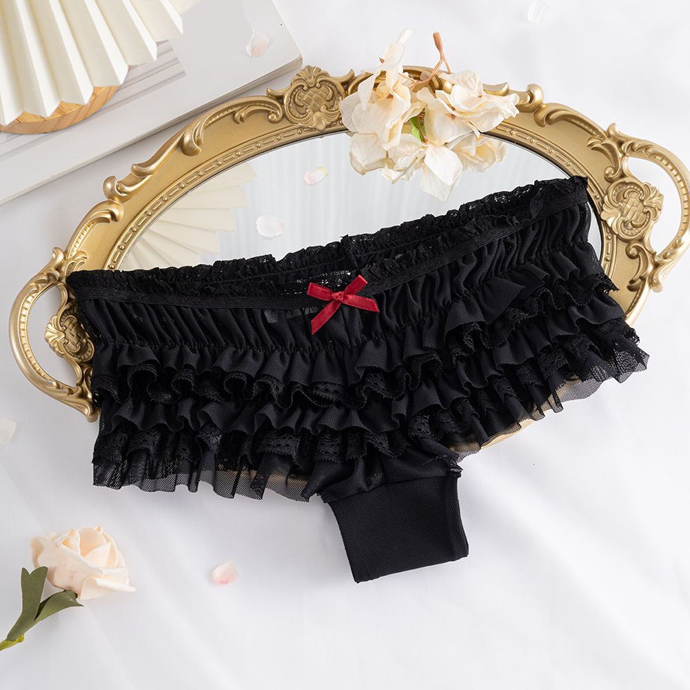Soft Low Waist Briefs for Women with Mesh Fabric Bow Front and Ruffled Hemline